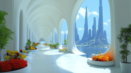 Wall Mural - serene corridor with vibrant flowers and stunning rock formations by the water under clear skies. ge