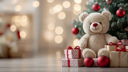 Aufkleber - Festive New Year's celebration with a teddy bear, gift boxes, and a beautifully decorated Christmas tree. Perfect for holiday cards, banners, and social media posts.