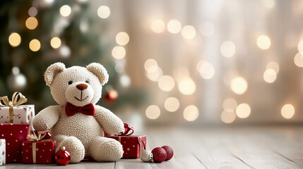 Aufkleber - Festive New Year's celebration with a teddy bear, gift boxes, and a beautifully decorated Christmas tree. Perfect for holiday cards, banners, and social media posts.