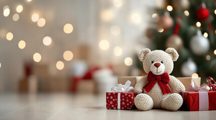Aufkleber - Festive New Year's celebration with a teddy bear, gift boxes, and a beautifully decorated Christmas tree. Perfect for holiday cards, banners, and social media posts.