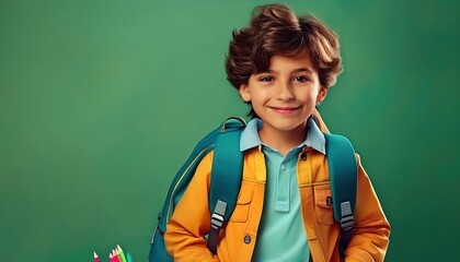 Poster -  A colorful scene of child school supplies and backpack on green isolated background perfect_1(119)