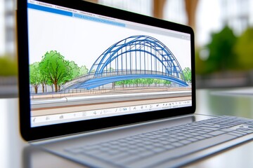 Leinwandbilder - A close-up of architectural software on a computer screen, showing a detailed 3D rendering of a bridge
