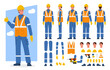 © Irina Strelnikova - Construction worker, builder in helmet, vest, uniform. Character constructor for animation. Front, side and back view set. Body parts, postures, poses collection. Vector illustration.