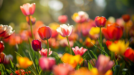 A beautiful blooming flower field in the spring season.