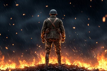 Poster - A dark and Gothic depiction of a lone soldier standing on a battlefield under a stormy sky, surrounded by shadows and faint glowing embers