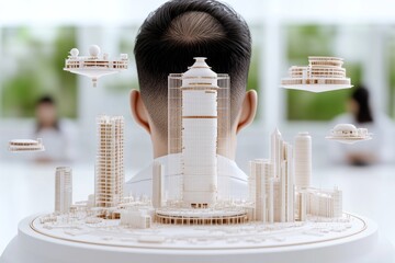 Poster - A detailed digital illustration of an architect surrounded by floating 3D models of futuristic buildings