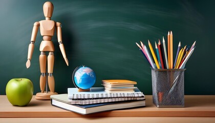 Poster -  A classroom desk setup features a chalkboard background, various school supplies, and a man_1(54)