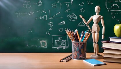 Poster -  A classroom desk setup features a chalkboard background, various school supplies, and a man_1(52)