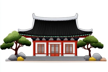 Poster - A flat 2D drawing of a traditional Asian temple with simple, clean lines and bright colors on a white backdrop