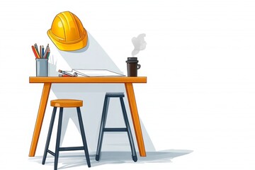 Poster - A flat, 2D design of an architect desk with a drafting table, tools, and a steaming coffee cup on a white background