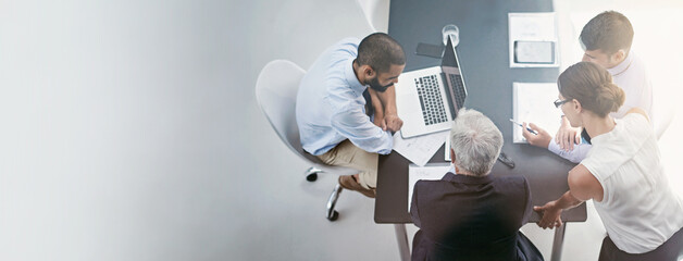 Poster - Business people, collaboration and working with laptop, online planning and meeting in office. Mockup, banner and space with professional team of public relations staff with discussion from above