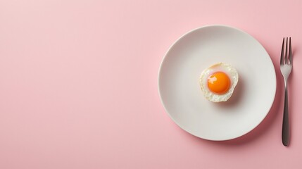 Wall Mural - Breakfast scene with a perfectly cooked fried egg on a white plate against a pastel pink background