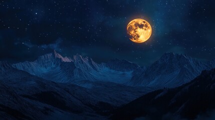 Majestic Mountain Range Under a Full Moon