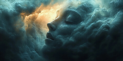 a surreal, dreamlike image of a massive human face blending into the clouds, illuminated by soft, et