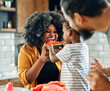 © Lumos sp - child family kitchen food boy son father mother watermelon fruit slice summer organic meal fun preparing healthy diet eating home black