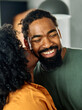 © Lumos sp - woman man couple happy together hug bonding talking dating  leisure fun smiling love young home kitchen two girlfriend boyfriend date wife relationship african american romance kiss kissing
