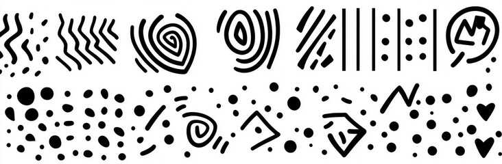 Poster - A set of hand-drawn hatching lines featuring crosshatch, wood, rain, and stippling textures. Includes freehand stroke doodles and pencil illustrations in a modern style.