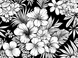 Poster - Monochrome foliage and hydrangeas in a seamless design..A continuous pattern featuring black-and-white leaves and hydrangeas..Seamlessly integrated, the pattern showcases monochrome leaves and