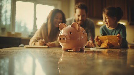 Sticker - Piggy bank on a kitchen counter with a family working 