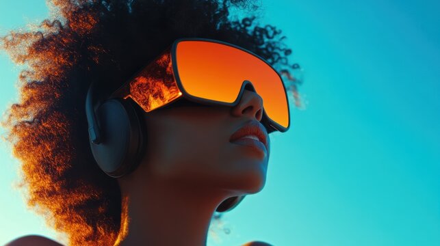 Modern close-up of reflective orange visor headphones on a woman, her style contrasting beautifully with the blue sky.