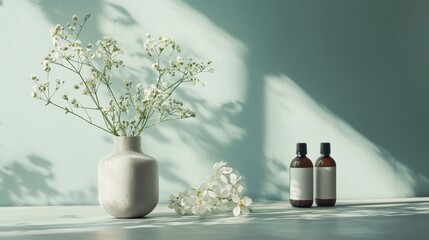 Wall Mural - Minimalist floral arrangement with natural light and shadow