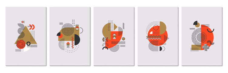 Aufkleber - Abstract modern memphis posters with vector graphic patterns of minimal line geometric shapes. Circles, triangles and squares, arches, waves and zigzags, stars dots and crosses memphis pattern posters