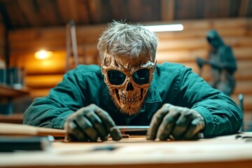 Poster - Dark gothic artist crafting a haunting sculpture, surrounded by eerie tools and shadowy figures in a dimly lit studio
