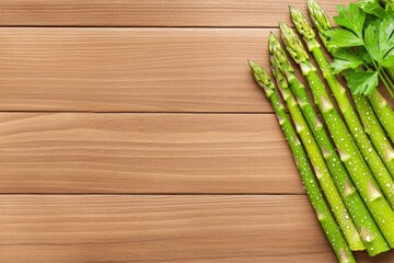 Poster - Fresh asparagus stalks arranged on a rustic wooden table, with water droplets glistening in soft natural light