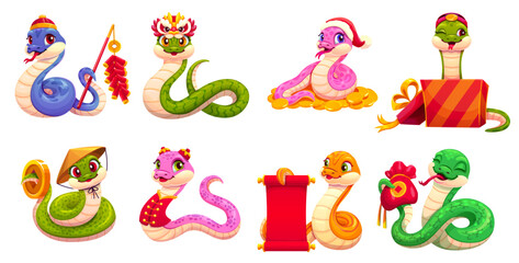 Wall Mural - Chinese new lunar year cartoon snake characters. Cartoon vector reptiles, symbol of 2025 year with gold coin, money sack, red scroll, gift box, santa or dragon hat conveys joy, prosperity, celebration