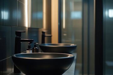 Poster - A pair of black sinks side by side, ready for use