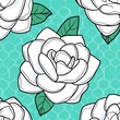 © Maxim Borbut - Spring Floral Pastel Color Seamless Pattern showcasing Modern Flowers and Leaves. Summer White Flower on a Blue Background with Wildflower Outlines.