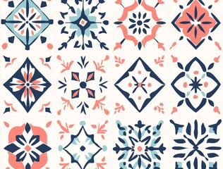 Poster - Embroidery-like Arabic oriental floral and geometric arabesque seamless pattern tiles featuring an East motif on a paper style background, modern illustration