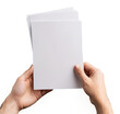© Wannaeka - Hand holding stack of blank white paper on transparent background, with index finger pointing at top-right corner of stack.