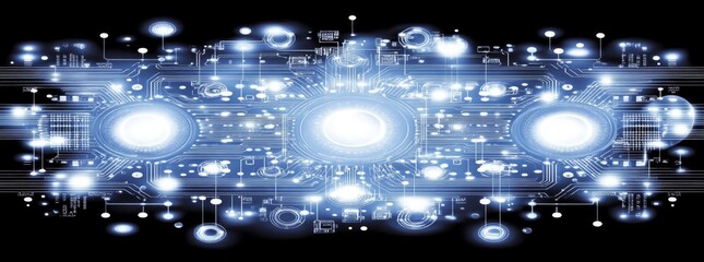 Poster - An abstract technological background showcasing a blue circuit board dotted with electric lights, incorporating microchips and power lines