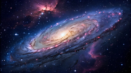 Wall Mural - A Spiral Galaxy's Radiant Dance Across the Cosmos, This stunning image captures the vast and mesmerizing beauty of a spiral galaxy set against a cosmic backdrop, with vibrant hues of pink, blue