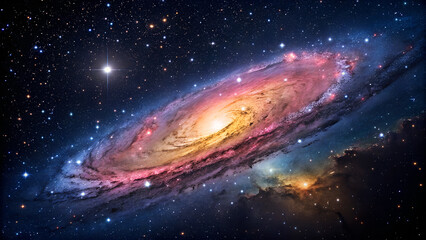 Wall Mural - A Spiral Galaxy's Radiant Dance Across the Cosmos, This stunning image captures the vast and mesmerizing beauty of a spiral galaxy set against a cosmic backdrop, with vibrant hues of pink, blue