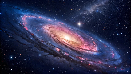 Wall Mural - A Spiral Galaxy's Radiant Dance Across the Cosmos, This stunning image captures the vast and mesmerizing beauty of a spiral galaxy set against a cosmic backdrop, with vibrant hues of pink, blue