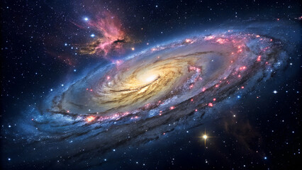 Wall Mural - A Spiral Galaxy's Radiant Dance Across the Cosmos, This stunning image captures the vast and mesmerizing beauty of a spiral galaxy set against a cosmic backdrop, with vibrant hues of pink, blue