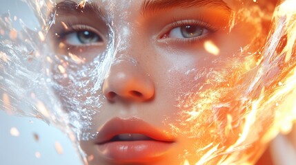 Poster - woman's face surrounded by flames and water, merging elements in an artistic expression of duality a