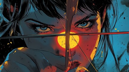 Dynamic comic book style archery target with arrow