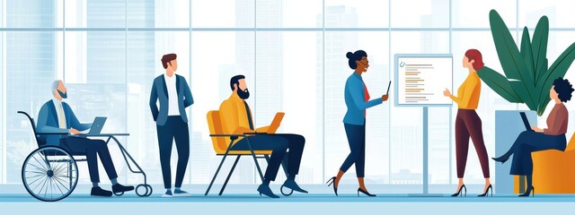 Poster - a group of people are standing and sitting in a room