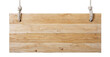 © Wannaeka - Rectangular weathered wooden sign hanging with white ropes on a transparent background - textured light-colored wood surface.