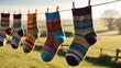 © Sufee - Sock Wool Laundry Concept. Colorful socks hang on a clothesline, swaying gently in the breeze against a scenic countryside backdrop.