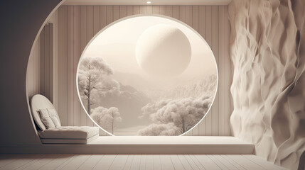 Poster - Interior with circular architecture form in 3D style. Abstract room with arc element and trees.