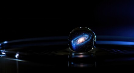 Wall Mural - mystical galaxy encapsulated in water droplet on dark background