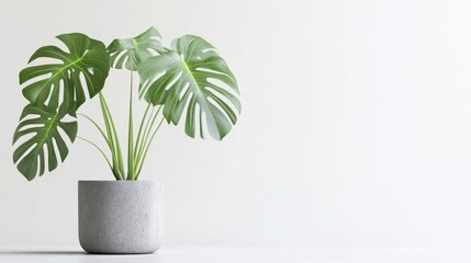 Wall Mural - clean image of a large leaf house plant Monstera deliciosa in a gray pot on a white background