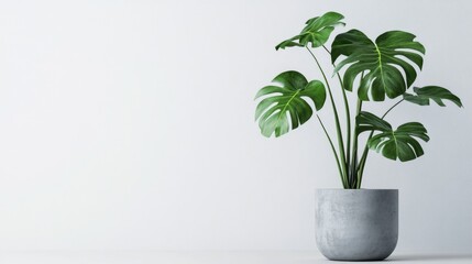 Wall Mural - clean image of a large leaf house plant Monstera deliciosa in a gray pot on a white background