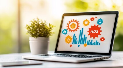 Poster - Creative Social Media Banner Design for Online Advertising Featuring Graphs, Gears, and a Laptop Displaying Effective Marketing Strategies