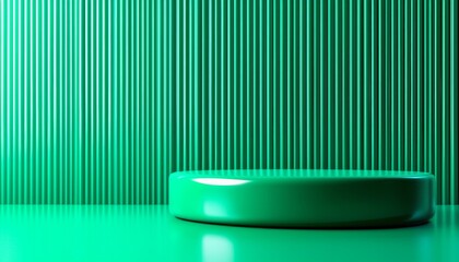 Poster - A minimalist green scene featuring a smooth circular platform against a striped green background, evoking a sense of tranquility and modernity.