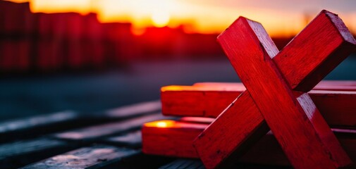 Poster - A close-up of red wooden blocks arranged in an 